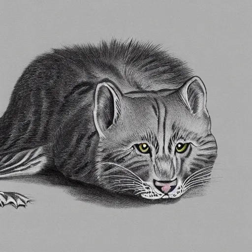 Image similar to an extinct sabertooth cat, cat with huge fangs, naturalist illustration