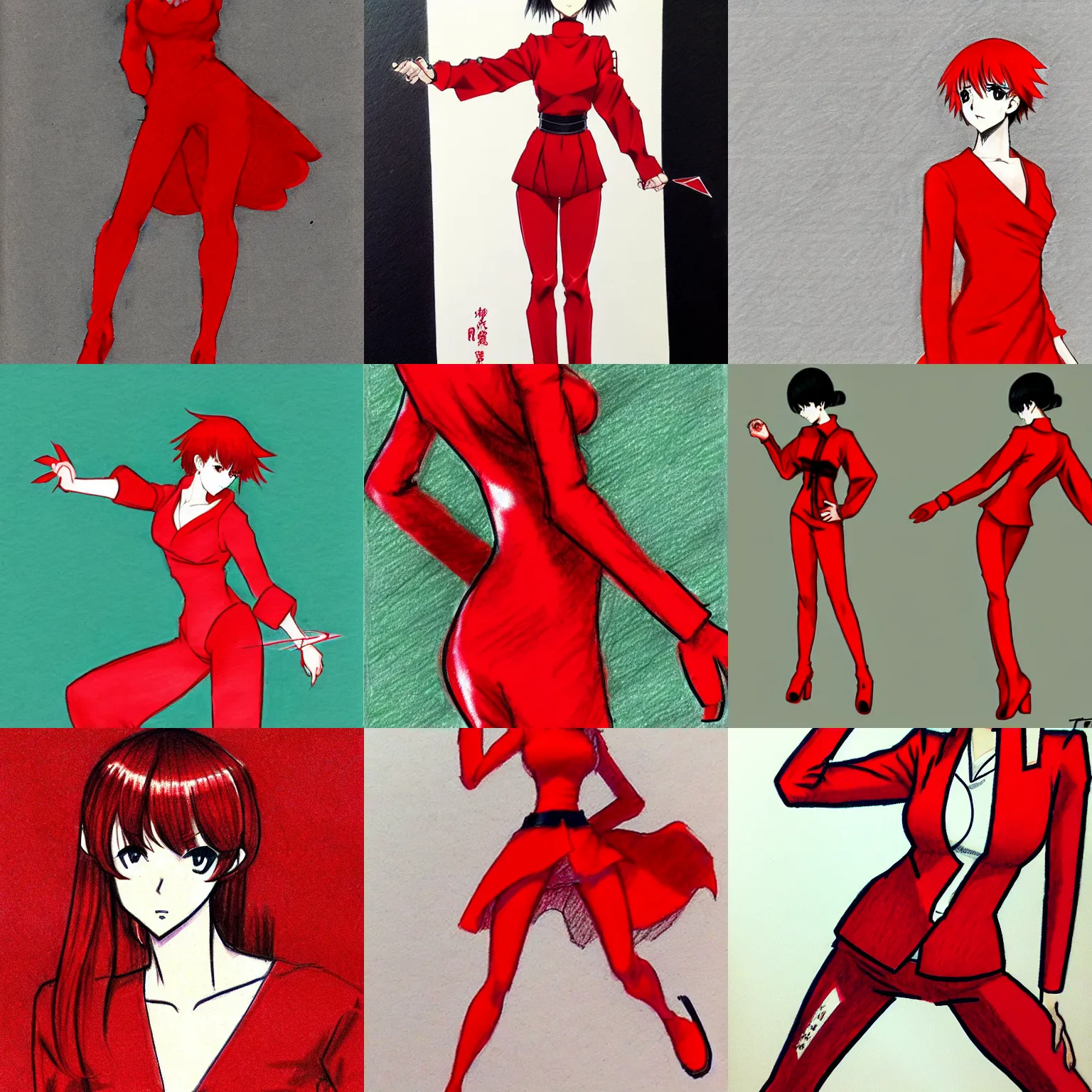 Prompt: a drawing of a woman in a red outfit, a manga drawing by takeuchi seiho, trending on pixiv, context art, official art, dynamic pose, angular