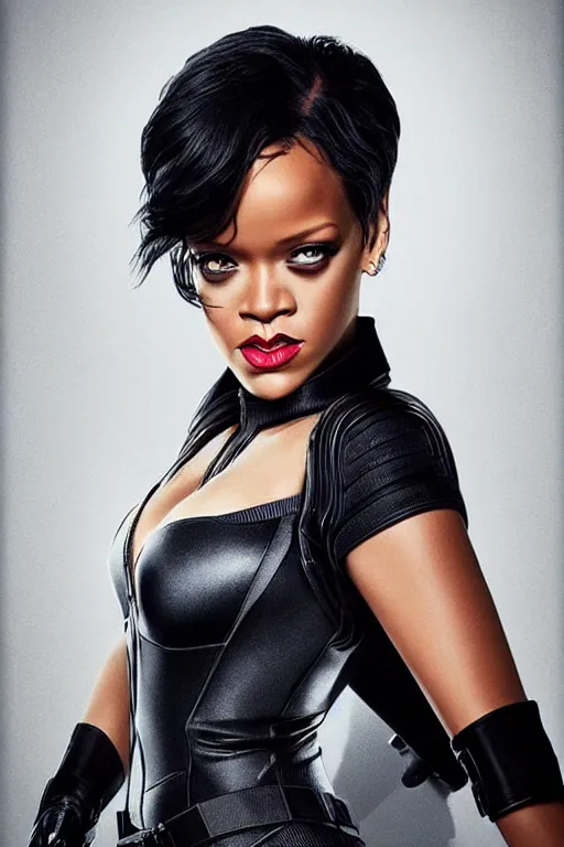 Image similar to rihanna as black widow in avengers, realistic portrait photography, very detailed face