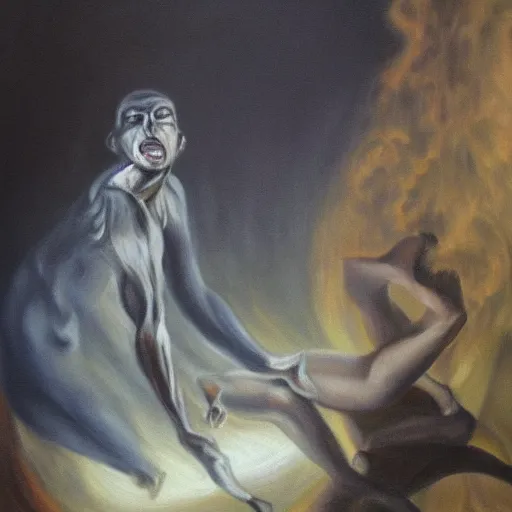 Image similar to Man arising from the ninth circle of hell. Oil painting.