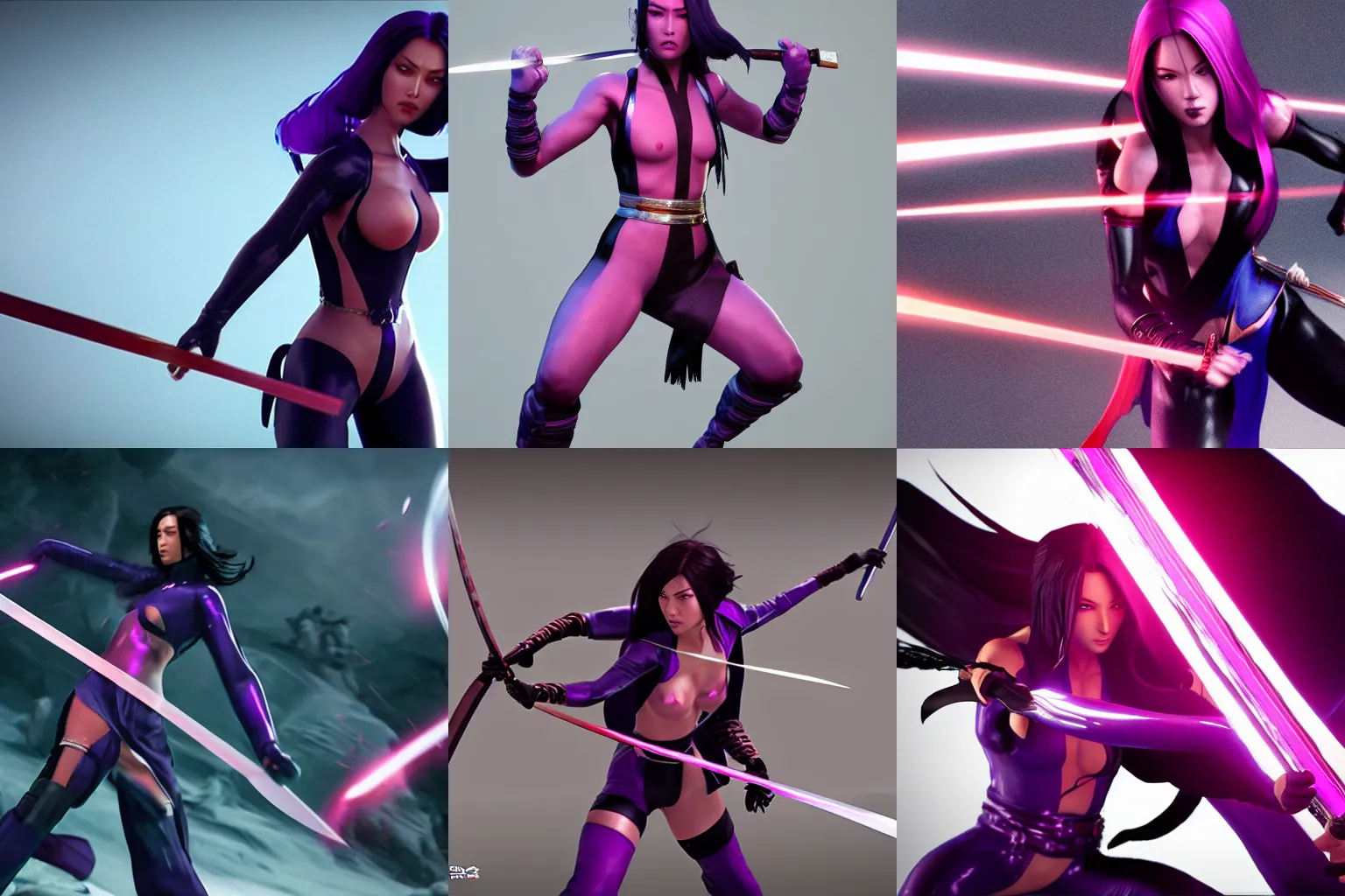 Prompt: gorgeous psylocke fighting with a samurai sword, physical based render, cinematography, octane, photorealistic, gorgeous, symmetrical, unreal engine