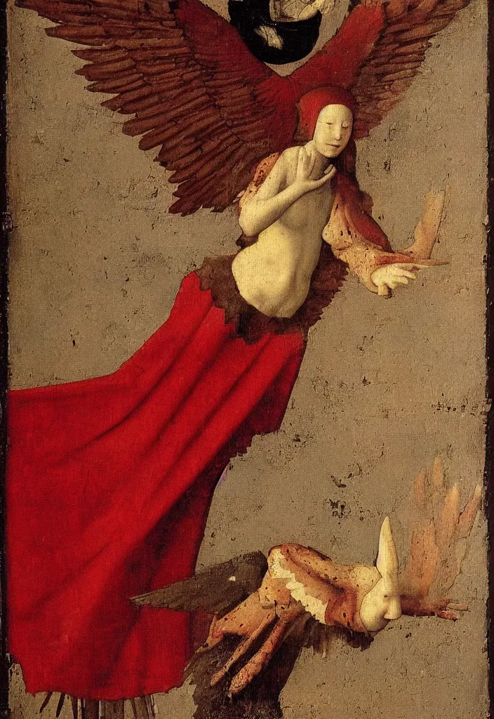 Image similar to Flying Fallen Angel with wings dressed in red, Medieval painting by Jan van Eyck, Johannes Vermeer, Florence