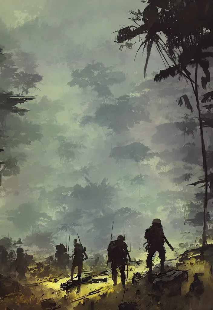 Prompt: ismail inceoglu epic painting of vietnam war, year 1 9 7 0, jungle, smoke and mist, painting, line art, art concept for a book cover, trending on artstation, by greg manchess and by craig mullins and by kilian eng and by jake parker