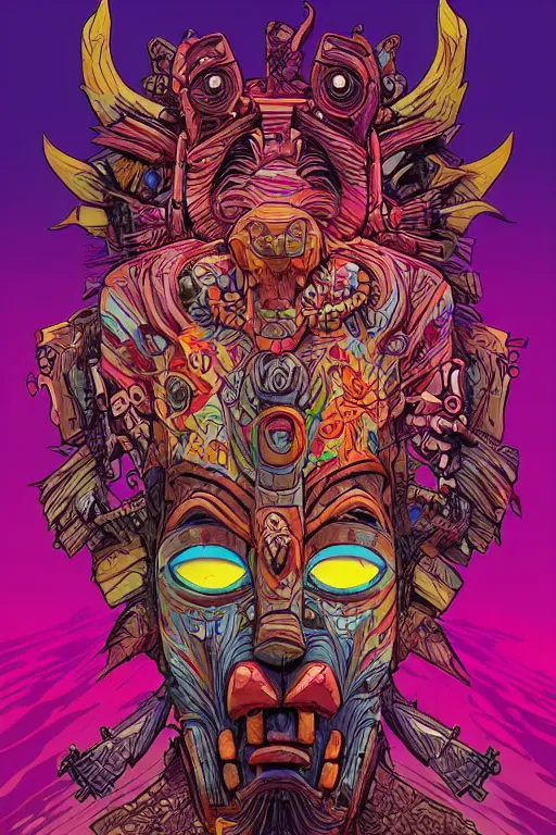 Image similar to totem animal tribal chaman vodoo mask feather gemstone plant wood rock video game illustration vivid color borderlands by josan gonzales and dan mumford radiating a glowing aura