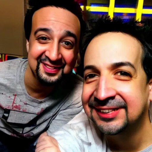 Prompt: lin manuel miranda holding hands with minecraft youtuber Dream