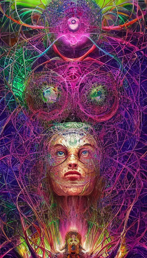 Prompt: Chromatic crystal themed painting of blissful deep forest psytrance praying shaman fantasy human beautiful symmetrical face closeup concept, infinity glyph, mandelbulber fractal toroidal background, intricate artwork by Johnatan Wayshak, Zdizslaw Beksinski, H.R. Giger, Ayami Kojima, Android Jones, Karol Bak, Greg Hildebrandt, and Mark Brooks, Neo-Gothic, gothic, rich deep colors, art by Takato Yamamoto, masterpiece, face by Artgerm, very coherent artwork, cinematic, hyper realism, high detail chromatic ink outline, octane render, unreal engine, 8k, High contrast, golden ratio, trending on cgsociety, ultra high quality model, production quality cinema model