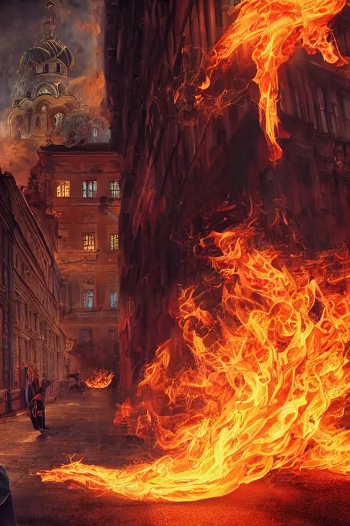 Prompt: !dream in the foreground a street of Saint Petersburg, in the background a blonde woman from behind with flames coming out of her hands wearing a long jacket like a matrix, realistic, high definition, many details, dramatic scene, detailed and realistic hands, face symmetrical, realistic eyes, art of D&D