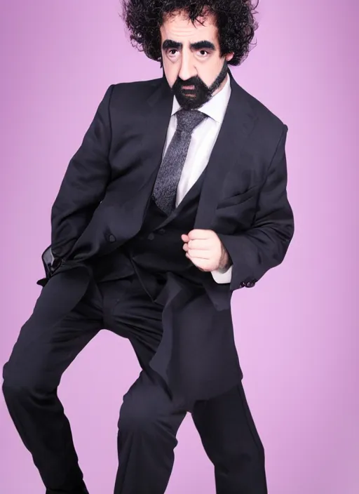 Image similar to caparezza wearing a tight dark purple suit, elegant, promotional photo, studio lighting