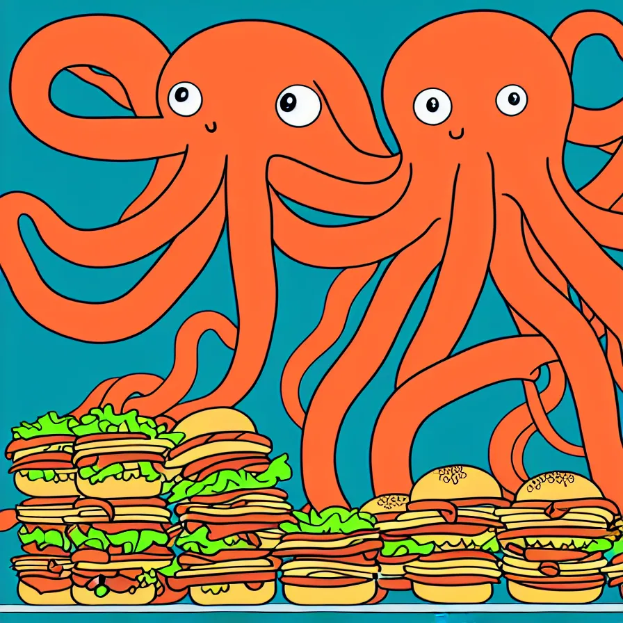 Prompt: ultra detailed artistic illustration of a giant octopus holding many burgers, tentacles wrapped around burgers, vector art, artstation, 8 k