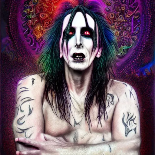 Image similar to an extremely psychedelic portrait of alice cooper as marilyn manson, surreal, lsd, face, detailed, intricate, elegant, lithe, highly detailed, digital painting, artstation, concept art, smooth, sharp focus, illustration,