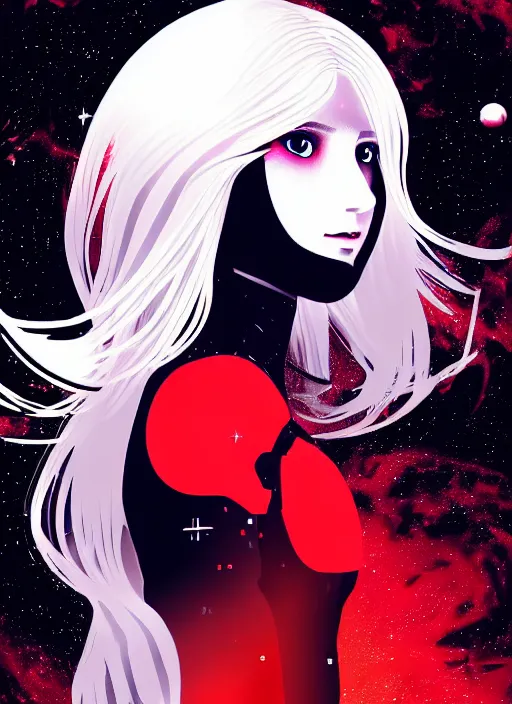 Prompt: highly detailed portrait of a hopeful pretty astronaut lady with a wavy blonde hair, by Klaus Janson , 4k resolution, nier:automata inspired, bravely default inspired, vibrant but dreary but upflifting red, black and white color scheme!!! ((Space nebula background))