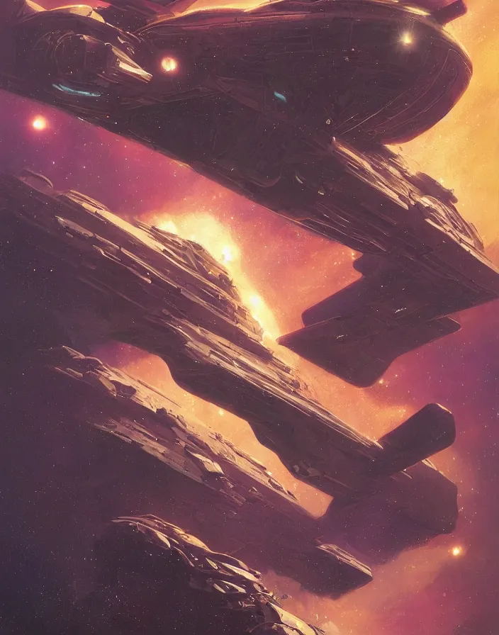 Prompt: retro futuristic sci - fi cover magazine by moebius and greg rutkowski, giant spaceship, nebulae, starry sky