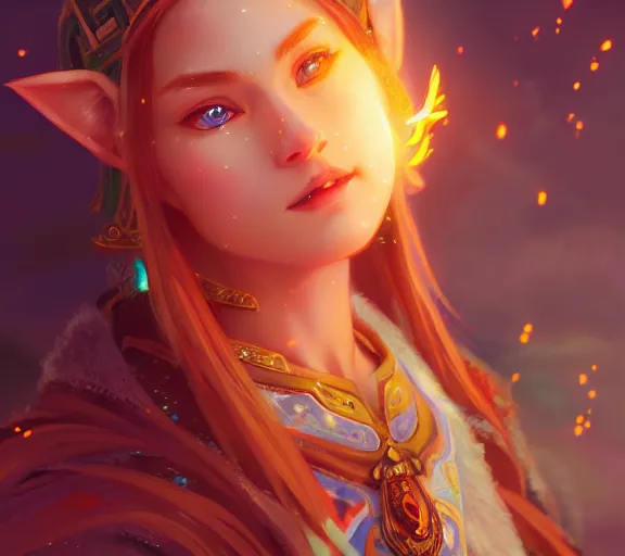 Image similar to beautiful zelda, fire in eye, snow glow, pool party, highly detailed, digital painting, artstation, sharp focus, illustration, art by tan zi and ayanamikodon and alphonse mucha and wlop