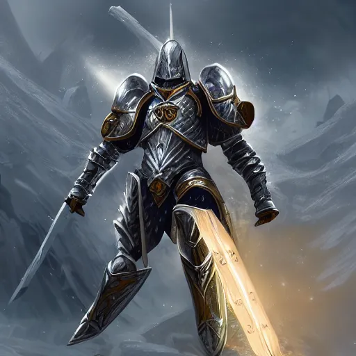 Prompt: Detailed paladin, completely covered in pristine silver armor, charging thorough a battlefield while glowing with radiant light, sun beaming down on him, fantasy art, trending on artstation, 4k, HD