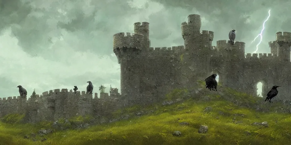 Image similar to A group of Ravens sit on a castle ramparts, dark fantasy, stormy sky, lightning, digital art by Greg Rutkowski and Studio Ghibli