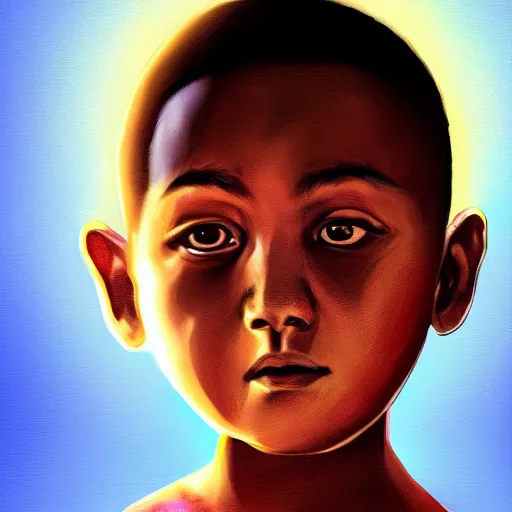 Image similar to kid with huge head, digital painting, beautiful lighting