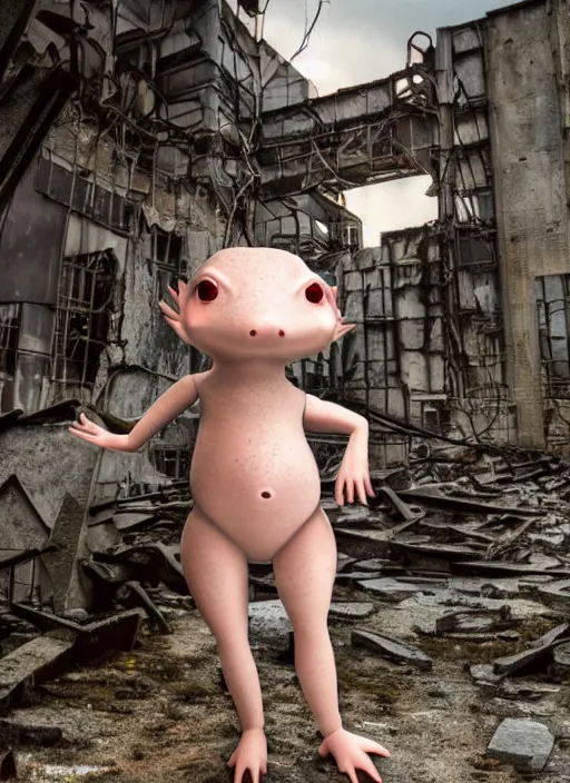 Prompt: humanistic anthropomorphic female axolotl exploring the ruins of chernobyl wasteland, front face