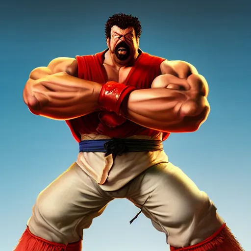 Image similar to danny mcbride as e. honda street fighter, yelling, ultra realistic, concept art, intricate details, highly detailed, photorealistic, octane render, 8 k, unreal engine, art by frank frazetta, simon bisley, brom