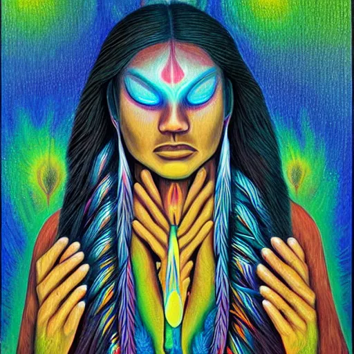 Prompt: a painting of elegant native american meditating by flooko, alex grey, forest, vibrant, detailed, ethereal, glows,