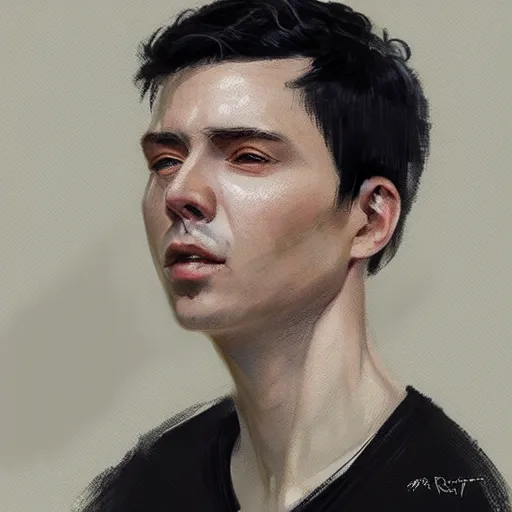 Prompt: Portrait of a man by Greg Rutkowski, he is about 30 years old, mixture between russian and chinese, short black hair, attractive, smart looking, he is wearing a utilitarian beige and black jumpsuit, highly detailed portrait, scifi, digital painting, artstation, concept art, smooth, sharp foccus ilustration, Artstation HQ