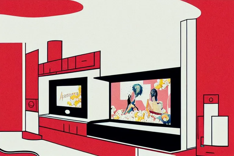 Image similar to a modern home movie theater, sleek, comfortable, stylish decor, popcorn machine, movie posters, designed by kelly wearstler, rough color pencil illustration by conrad roset