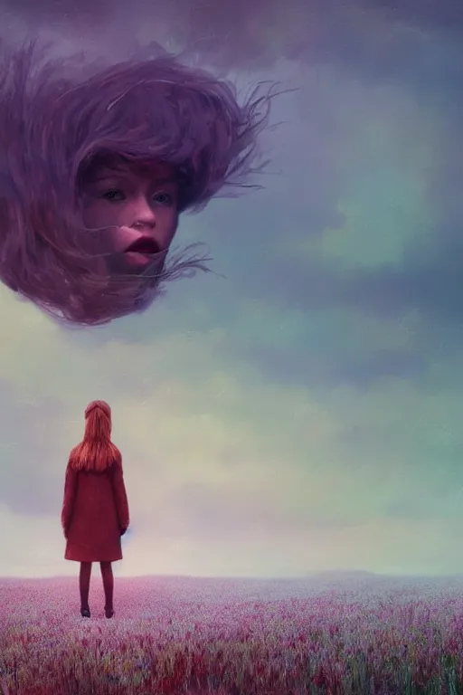 Prompt: portrait, gigantic daisy flower head, girl wearing coat in heather field, surreal photography, wind and cold, dramatic sky, impressionist painting, digital painting, artstation, simon stalenhag