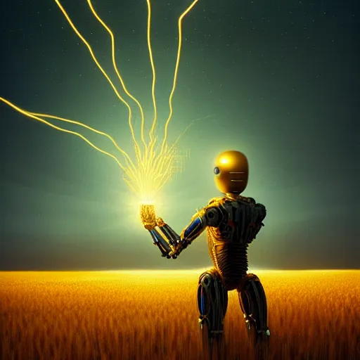 Image similar to digital painting of a glowing god with gold wires levitating in a wheat field, smooth and advanced robotic suit, lightning in sky, at night, stunning, cinematic lighting, concept art by greg rutkowski and simon stalenhag, artstation, cinematic, masterpice, insanely detailed, very realistic