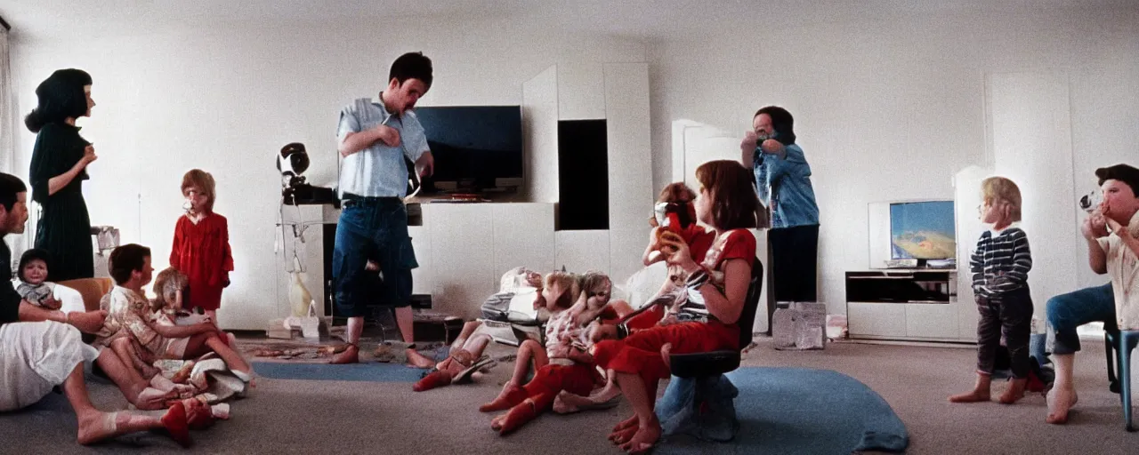 Prompt: a family watching the moon landing on tv, eating spaghetti, in the style of diane arbus, canon 5 0 mm, wes anderson film, kodachrome, retro