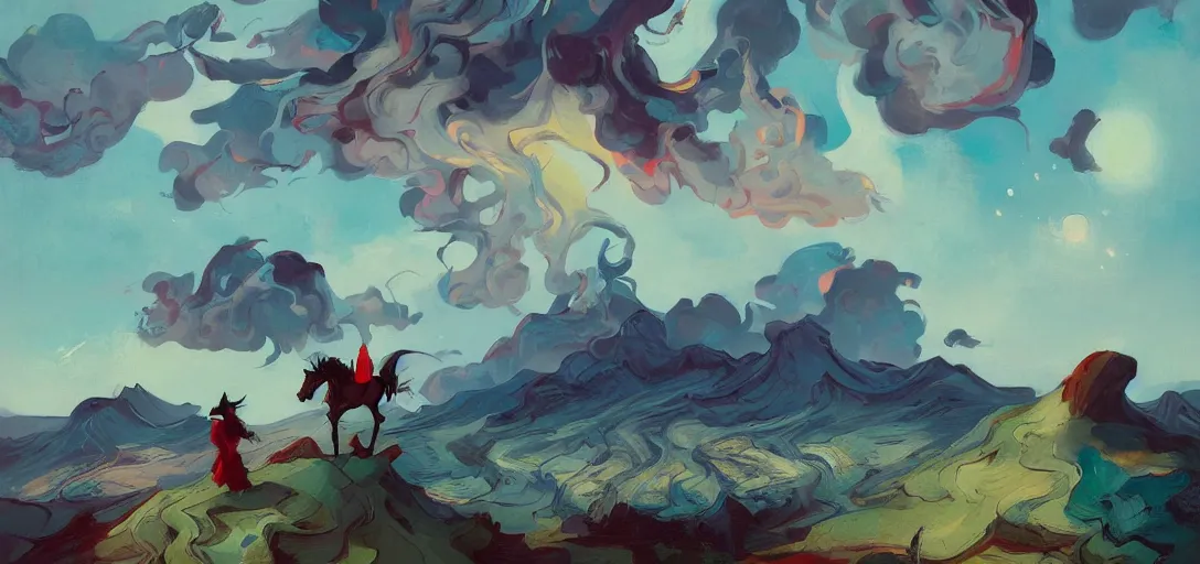 Prompt: over the hills, by peter mohrbacher, dream as a horse, jeremy man, francoise nielly, van gogh, ross tran, beautiful, award winning scenery