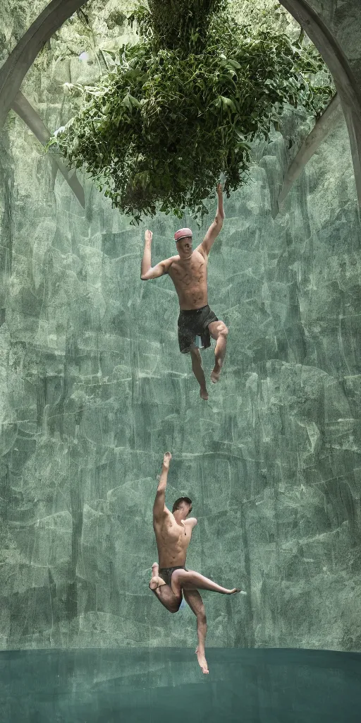 Prompt: a man swims laps in a clear pool. photo inside underground lattice of sandstone vaults. daylight streams in from sky between arched ribs. architectural photography. 4 k, 8 k. volumetric lighting. dark, somber, moody lighting, deep shadows. ivy and many plants hanging from ceiling, weathered concrete. corona render