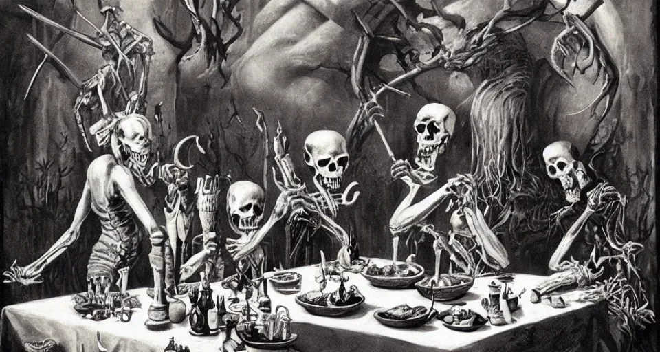 Image similar to Vintage fantasy art of a necromancer being served dinner by his loyal skeletons.