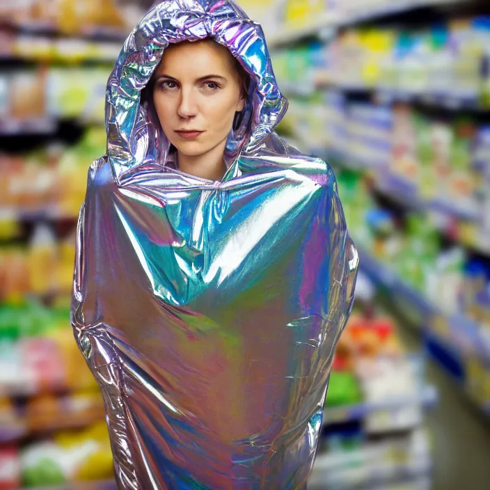 Prompt: closeup portrait of a woman wrapped in an iridescent mylar foil blanket, standing in a grocery store, dirty grocery store, grungy grocery store, color photograph, by vincent desiderio, canon eos c 3 0 0, ƒ 1. 8, 3 5 mm, 8 k, medium - format print