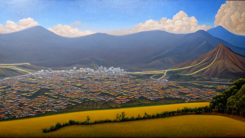 Prompt: Nuclear Nature valley blends with the City of Quito Ecuador; by Oswaldo Moncayo; oil on canvas;