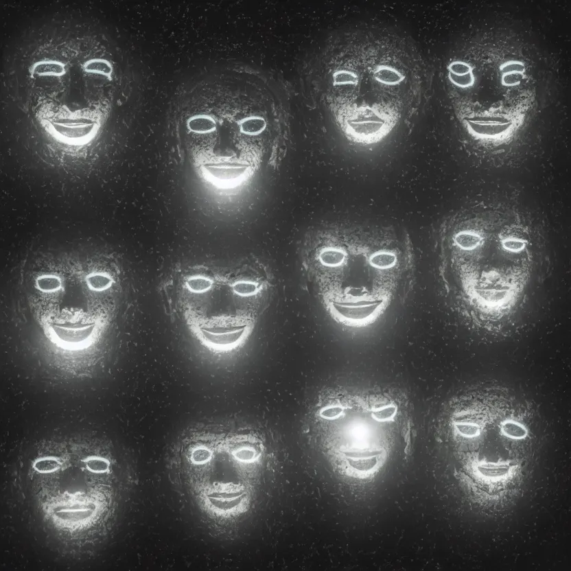 Image similar to 4 man illuminated faces with the eyes closed, in a dark room