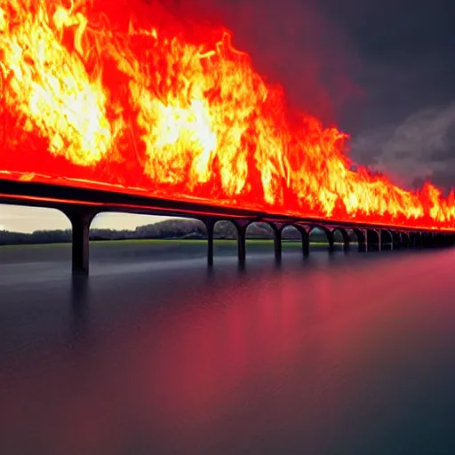 Image similar to Long bridge to hell, dslr, hyper realistic, photojournalism, scary, firey, disturbing