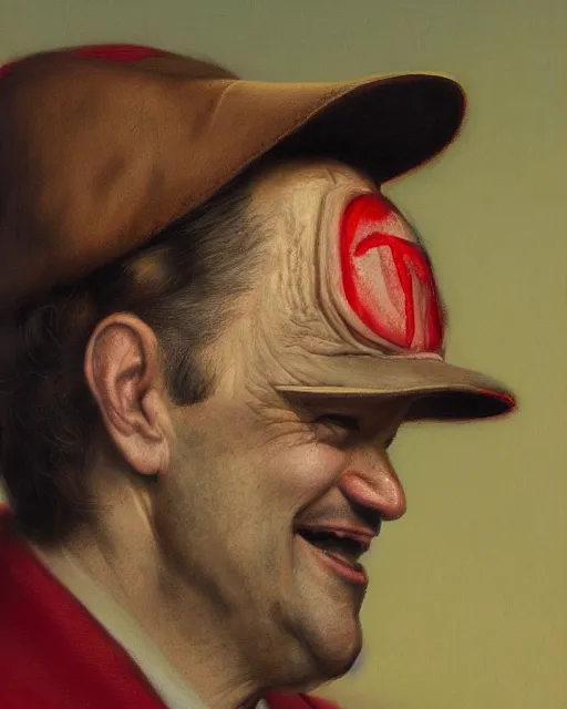 Image similar to closeup portrait of whimsical conniving ted cruz wearing a red baseball cap speaking at a convention, court jester in renaissance era, masterpiece, by donato giancola and greg rutkowski and wayne barlow and zdzisław beksinski, high contrast, realistic face