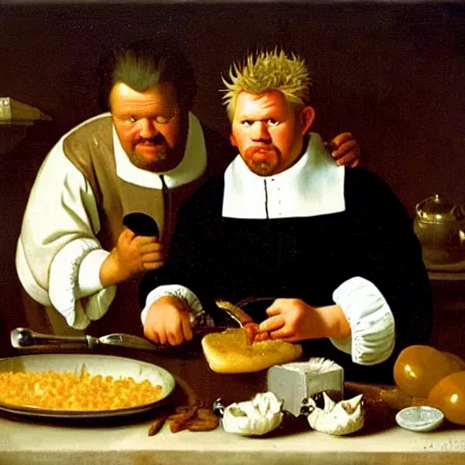 Image similar to a 1 7 th century portrait of gordon ramsay and guy fieri making a greasy macaroni and cheese sandwich, by vermeer, portrait, royal, oil on canvas