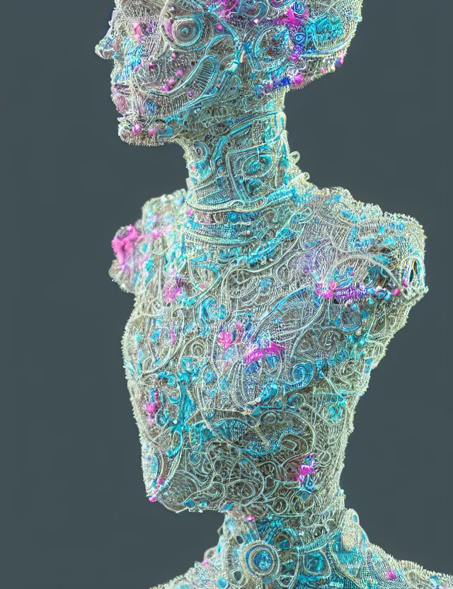 Prompt: techno - embroidered mannequin decorated with filigree and beads, safe for work, vivid pastel color scheme, by award - winning concept artist, dynamic composition, backlighting, radiant light