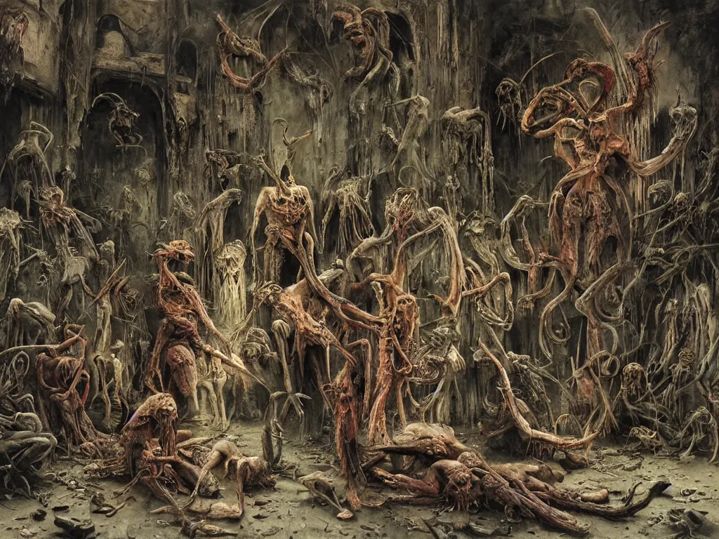 Image similar to an eerie painting of a cacophony of demons sacrificing humans in a grungy derelict georgian manor interior with colourful graffiti on the walls and garbage scattered on the floor, reclaimed by nature by zdzisław beksinski, wayne barlowe, hr giger, luis royo, agostino arrivabene