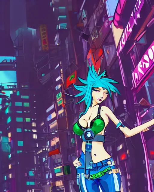 Image similar to cel shaded art of a pretty blue haired girl, jet grind radio graphics, cyberpunk city street background