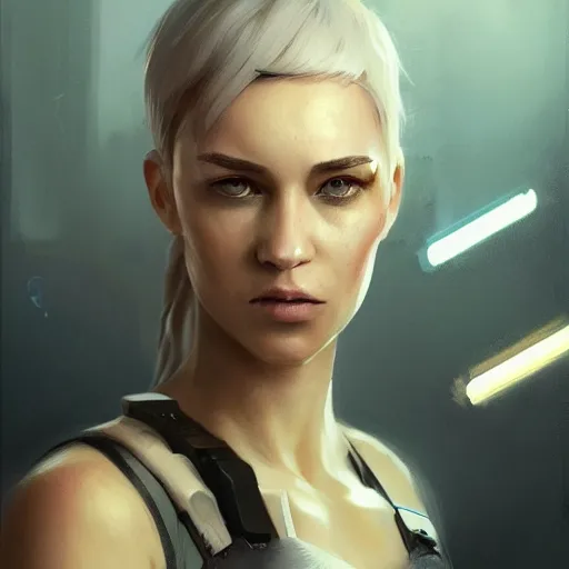 Image similar to portrait of a female cyborg by greg rutkowski, she is about 3 0 years old, white bob hair, she is wearing a black tank top, highly detailed portrait, digital painting, artstation, concept art, smooth, sharp foccus ilustration, artstation hq