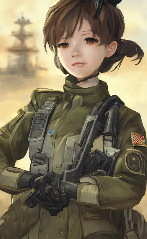 Prompt: portrait of a female soldier, highly detailed, high resolution, military camp in the background, the front of a modern trading card, illustration, character concept art, stunning, girls frontline style, bokeh soft, matte, 100mm, by shibafu, by shizuma yoshinori, studio mappa, realistic human anatomy, realistic military carrier, modern warfare, realistic weapon, digitally draw on wacom tablet, low saturation, small eyes