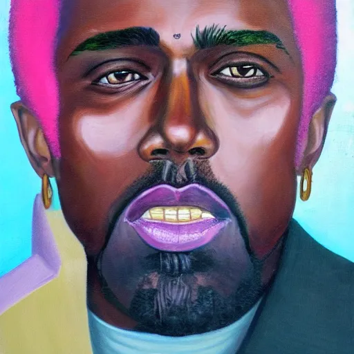 Prompt: a portait of a human being that looks like a mix of kanye west, brad pitt, michael jackson, and the grim reapper, with pink hair and gold teeth in the style of oil on canvas,