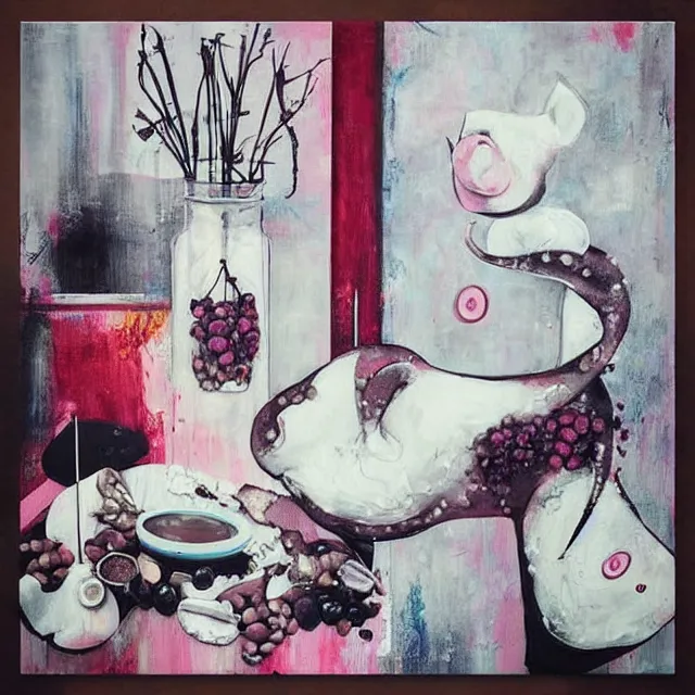 Prompt: “ a portrait in a female art student ’ s apartment, parking sign, sensual, a pig theme, art supplies, surgical iv drip, octopus, ikebana, herbs, white candles dripping white wax, squashed berries, berry juice drips, acrylic and spray paint and oilstick on canvas, surrealism, neoexpressionism ”