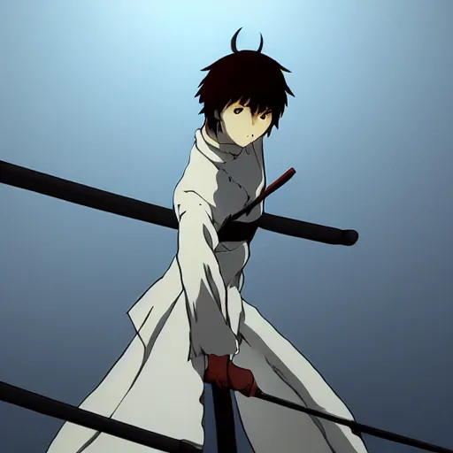 Image similar to fencer, anime style, dark, makoto shinkai, animated, animation, detailed, illustration, moody