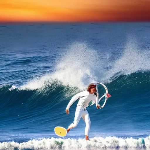 Prompt: photo of a high skilled wave surfing tennis player with white clothes on the red sea. high detail unreal engine