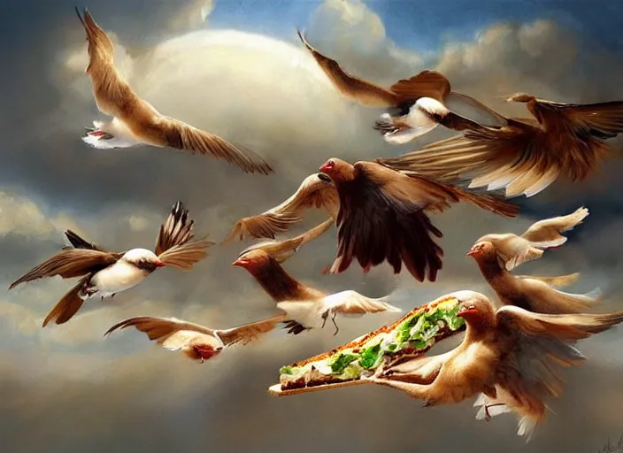 Prompt: a flock of sandwiches, flying across the ocean, nature painting, elegant intricate digital painting artstation concept art by mark brooks and brad kunkle detailed