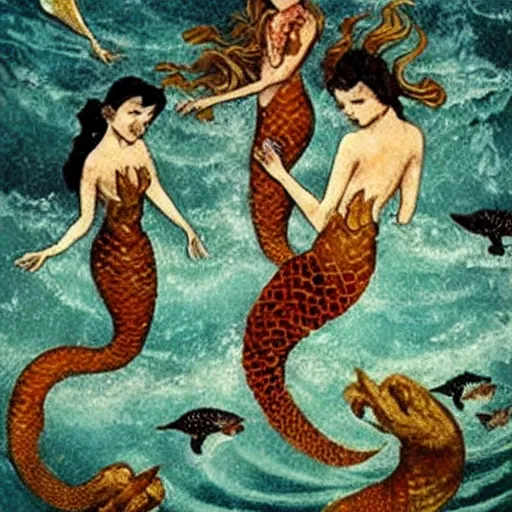 Image similar to beautiful deadly mermaids drowning sailors and eating them. Horror