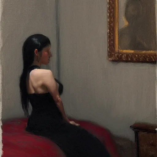 Prompt: girl with long black hair, in backless red dress, backview, sitting on edge of bed, in a candle lit room, by jeremy lipking, tim rees, joseph todorovitch