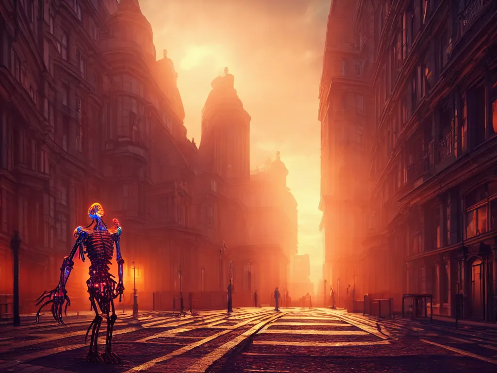 Image similar to an ancient beautiful cyborg of the elder gods in the city of London, London streets in background, colourful, dramatic lighting, golden hour, very detailed octane render very realistic beautiful